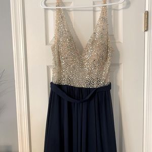 Navy and Silver Rhinestone Prom Dress
